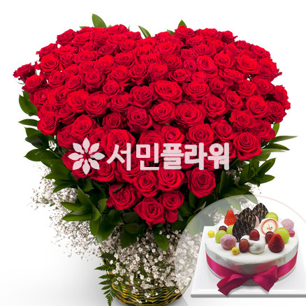 하트100송이바구니와케익